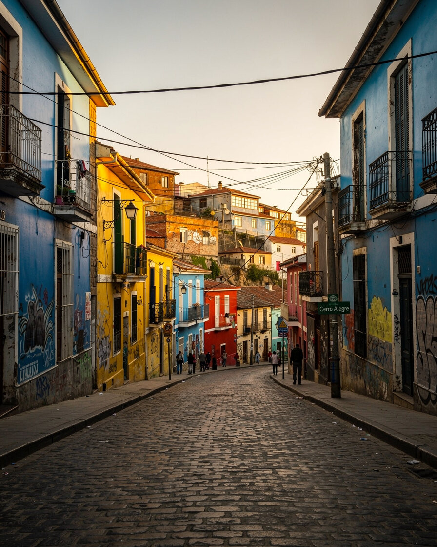 Colorful hillside street with brightly painted houses in Valparaíso, Chile